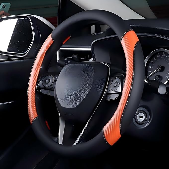 Carbon Fiber Steering Wheel Cover - Premium Perforated Leather Sport Wrap with Odorless Rubber Non-Slip Inner, Universal Fit for Cars SUVS - 15 Inch (Orange)