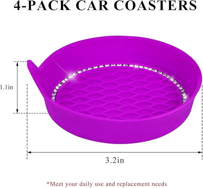 Sun Walker 4 PCS Bling Car Cup Holder Coaster, Non Slip Sparkly Rhinestone Cup Holder Pad Insert Coaster, Shockproof Silicone Shiny Embedded Drink Mat Interior Decor for Most Vehicles (Dark Purple)