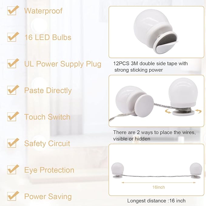 Vanity Lights for Mirror, 16 LED Bulbs Hollywood Makeup Lights, 3 Color Modes, Dimmable Brightness, Plug in, Stick up, for Dressing Table Bathroom Body Wall Mirror Lights