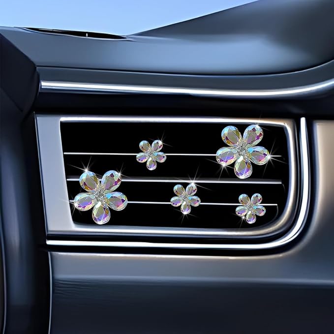 5PCS Bling Flower Car Air Vent Clips, Crystal Rhinestone Vehicle Air Conditioning Outlet Clip, Diamond Automotive Interior Decoration Charm, Universal for Automobile RV Truck (Multicolor)