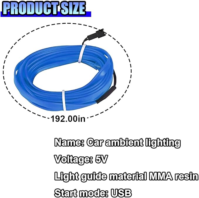 ZIMISI EL Wire Car Interior LED Strip Lights, Neon Light Strip (Blue) | 5V 16FT Car Ambient Lighting Decorations with Sewing Edge, USB Electroluminescent Car Interior Lights with Fuse Protection