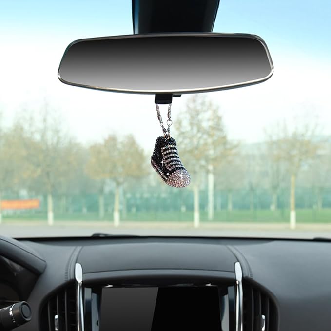 Bling Sneaker Shoe Sparkly Car Hanging Ornament, Cute Crystal Rear View Mirror Pendant, Diamond Rearview Mirror Charms, Lucky Car Interior Decor Accessories (Black)