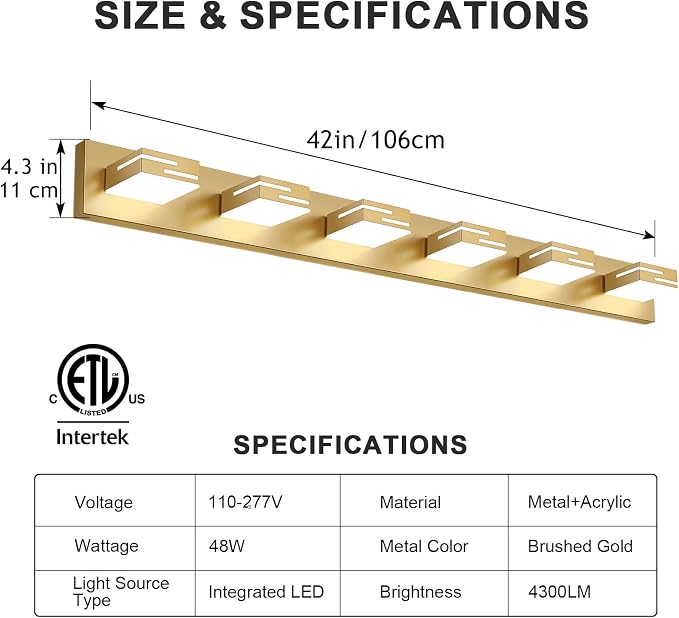 LED Modern Bathroom Vanity Light Fixtures, Dimmable Gold Vanity Lights for Bathroom Lighting Fixtures Over Mirror, with 360° Rotatable Heads 6-Light 42-inch (Cool White 6000K)