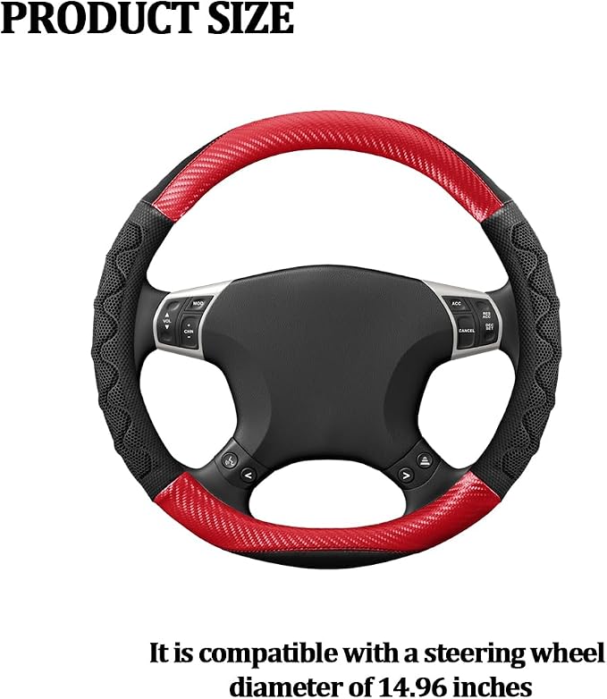 HZEL Car Steering Wheel Cover, Carbon Fiber Breathable Soft Grip Vehicle Steering Wheel Protector with Anti-Slip Lining, Automotive Interior Protective Decor Accessories, Universal Fit (Red)