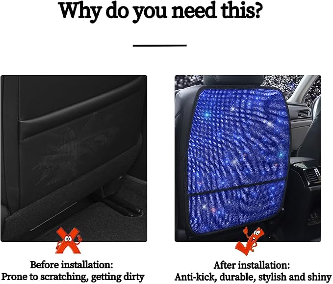 Sparkling Diamond Car Seat Kick Protectors with Storage, Crystal Kick Mats for Car Seats with Bling Rhinestones, Universal Fit Luxury Auto Accessories for Women Girls and Ladies Blue 2pcs