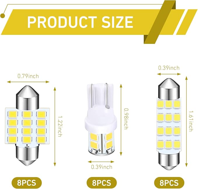 24PCS Car Interior LED Lights Kit Set, T10 31mm 42mm LED Interior Replacement Bulbs, Blue Interior Cars Light, for Dome Map License Plate Bulbs Door Side Marker Cornering (White)
