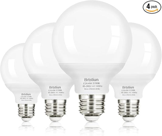 Brtstiun G25 LED Light Bulbs, Round Vanity Light Bulbs for Bathroom, 40W Equivalent, Soft White 2700K, E26 Base, 600LM, Non-Dimmable, 4-Pack