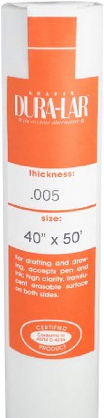 Grafix Dura-Lar 0.005" Film, Matte, Translucent 40" x50', Economical Alternative to Drafting Film, Mylar and Acetate, Translucent Drawing Surface for Lead, Ink, Charcoal and Paint, Roll