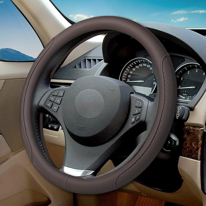 Microfiber Leather Steering Wheel Cover with Classic Embossing, Anti-Slip Breathable Auto Car Wheel Protector, 15 Inch, Coffee