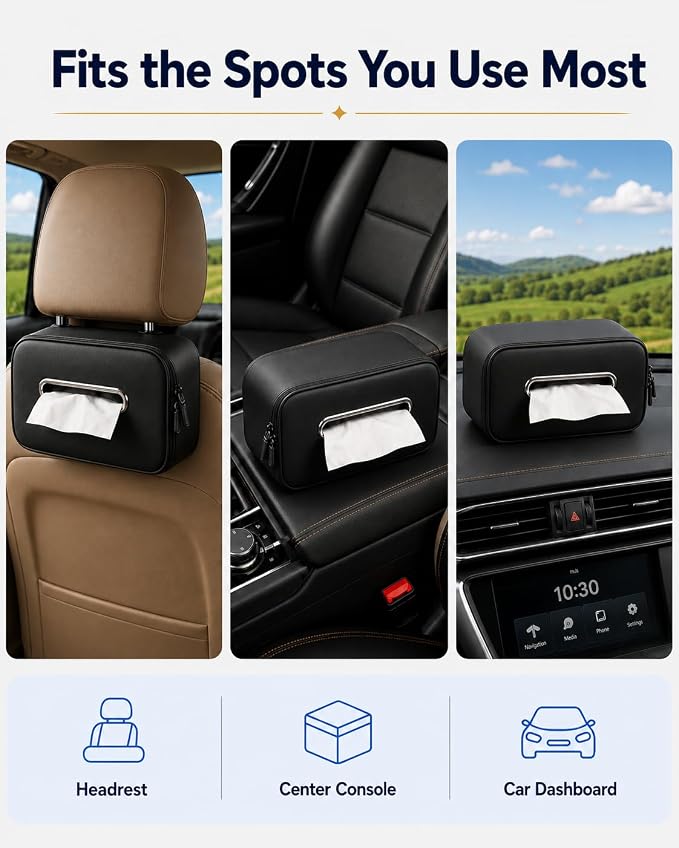 Leather Car Tissue Holder, Extra Large Tissue Holder for Car, Fits 120–230 Count Rectangular Tissue Boxes, Wider Opening for Easy Access, Dual Zipper for Headrest,Console,Seat Back (Black)