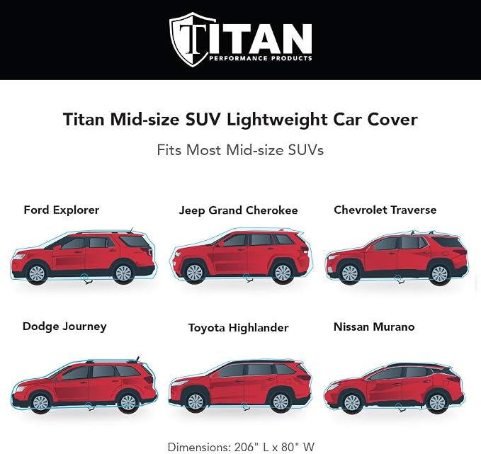 Titan Jet Black Poly 210T Car Cover for Mid-Size SUV 188-206". Waterproof, UV Protection, Scratch Resistant, Driver-Side Zippered Opening. Fits Explorer, Grand Cherokee and More.