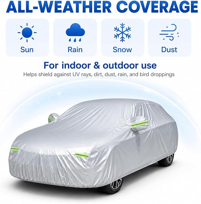 GXARTS Car Cover 196"×78"×59" Waterproof All-Weather Sedan Cover Outdoor Indoor with Zipper Door & Windproof Straps | UV Snow Dust Protection Fit for Toyota Camry Honda Accord Kia K5 Altima
