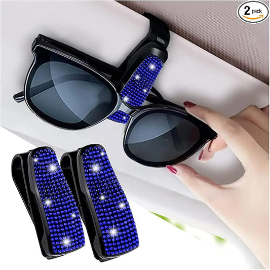 Set of 2 Bling Rhinestone Car Sun Visor Glasses Holders with Anti-Scratch Sponge,Car Decoration for Women Girls,Ticket Card Clip Visor Organizer,Universal Rhinestone Car Accessories (Jewel Blue)
