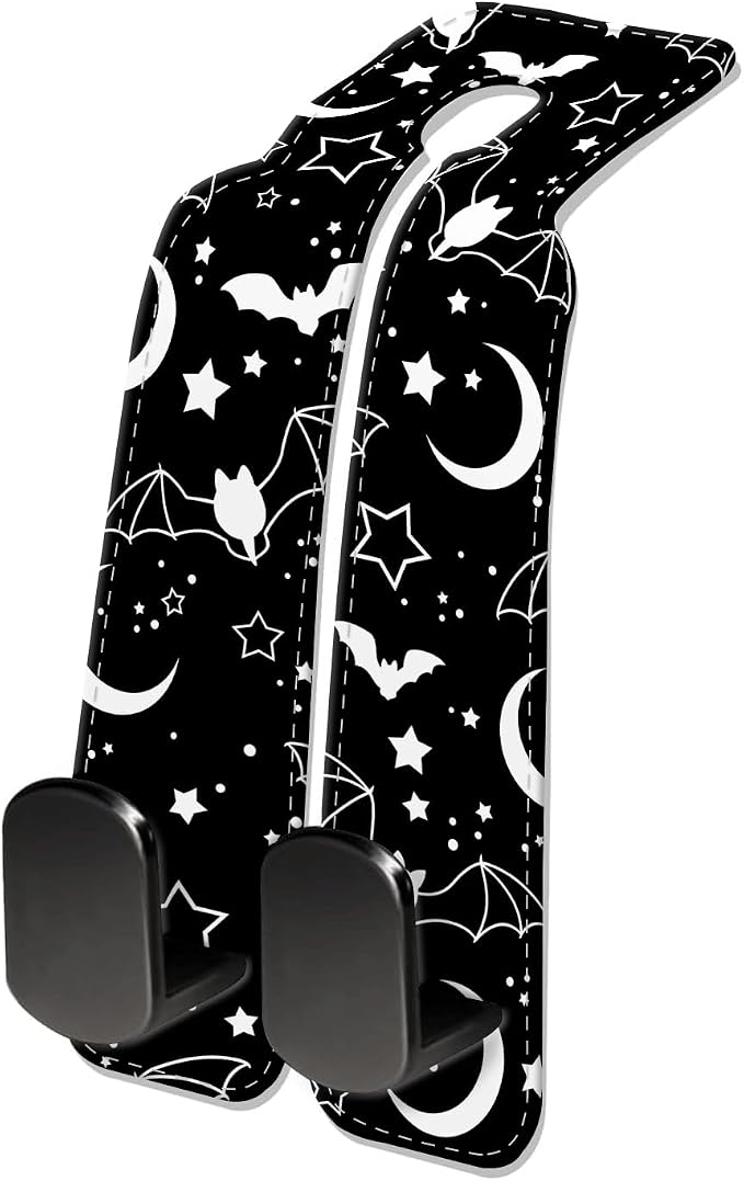 Car Seat Headrest Hook, Universal Leather Cute Hanger Holder Hook, Storage Organizer Interior Accessories for Purse Bags Handbag Black Cute Bats Moon