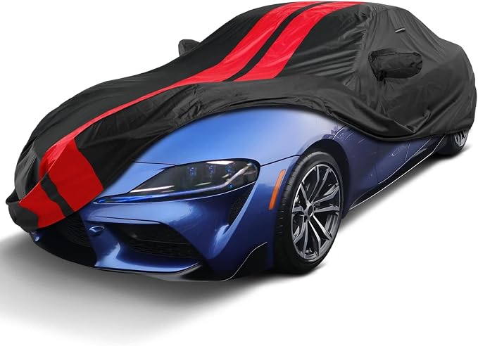 iCarCover Custom Car Cover for 2020-2026 Toyota GR Supra Waterproof All Weather Rain Snow UV Sun Protector Full Exterior Indoor Outdoor Car Cover (Stripe - Black/Red)