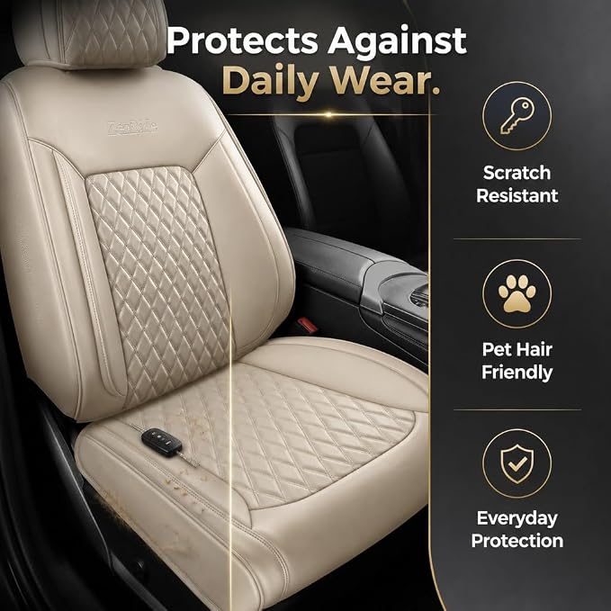Beige Thick Nappa Leather Automotive Front Car Seat Covers Set of 2 | Univerasal Precision Fit,3D Contoured,Full Coverage,Waterproof,ThickTexture Nappa Leather,for most Suvs Trucks Sedans