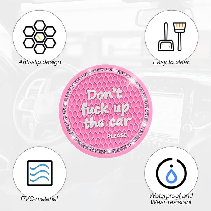 2 Pack Bling Car Coasters for Cup Holder, Crystal Rhinestone 2.75 in Cup Holder Coaster, Silicone Anti-Slip Insert Cup Mats for Women, Interior Accessories Universal for Most Cars (Pink)