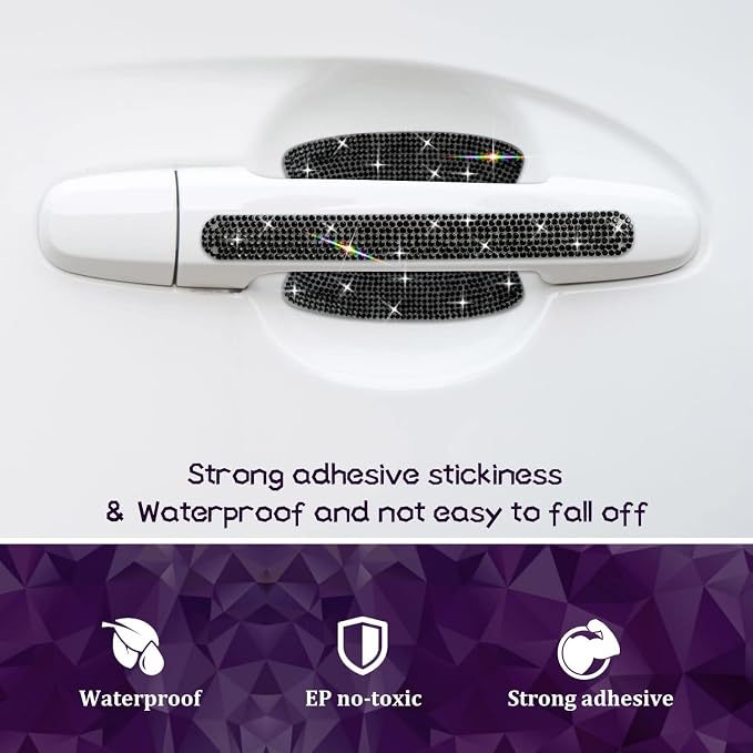10PCS Car Door Handle Bling Rhinestones Stickers, Black | Universal Auto Door Handle Safety Reflective Strips, Cute and High End Decoration