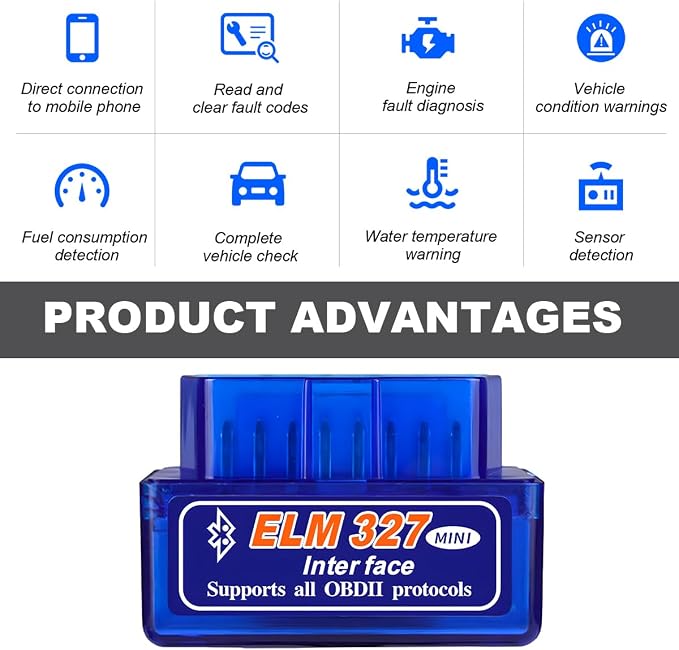 KVAEY OBDII Car Auto Diagnostic Scanner, ELM327 Automotive Bluetooth Scan Tool and Code Reader, Professional Car Bluetooth Engine Fault Code Reader, Universal Car Accessories (1 PCS)