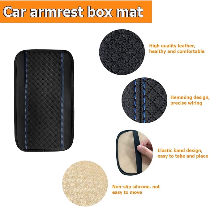 8sanlione Car Armrest Storage Box Mat, Fiber Leather Car Center Console Cover, Car Armrest Seat Box Cover Accessories Interior Protection for Most Vehicle, SUV, Truck, Car (Black/Blue)