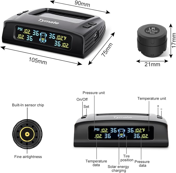 Tymate TM2 RV Tire Pressure Monitoring System, Tire Pressure Monitor with Solar Charge, TPMS with 4 Sensors(Max. 10) & 6 Alarm Modes, Color LCD Display, 0-144PSI for RV/Trailer/Truck/SUV/Fifth Wheel