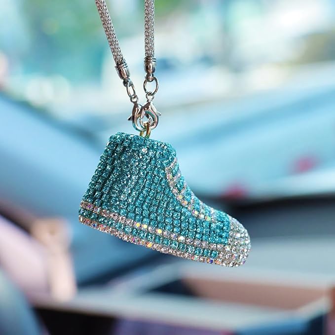 Bling Sneaker Shoe Sparkly Car Hanging Ornament, Cute Crystal Rear View Mirror Pendant, Diamond Rearview Mirror Charms, Lucky Car Interior Decor Accessories (Lake Blue)