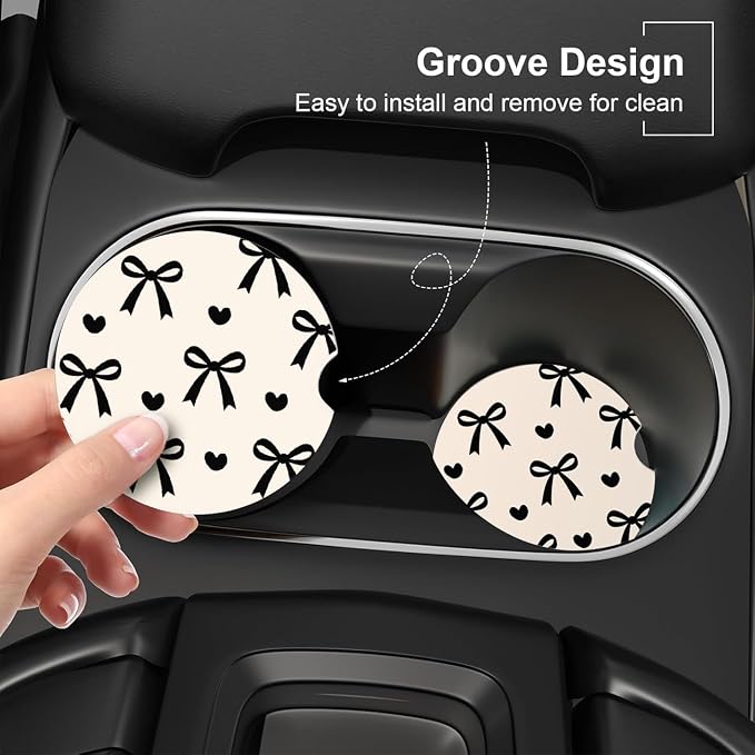 Ceramic Car Coasters – Absorbent Car Cup Holder Coaster Set for Women, Cute Aesthetic Car Accessories for Girls, 2 Pack (White)