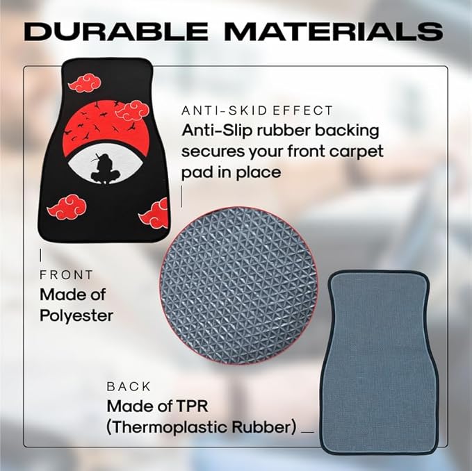 Anime Car Carpet Mat Set of 2 Front, Black Uchha Design Automotive Accessories Interior All Weather Floor Mats Decor with Non Slip Black Anti Skid Backing