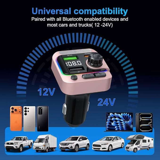 63W FM Transmitter Bluetooth Car Adapter, Wireless FM Bluetooth Transmitter | [PD 45W & QC3.0] Fast Charge, Deep Bass Player, Hands-Free Calling, Pink