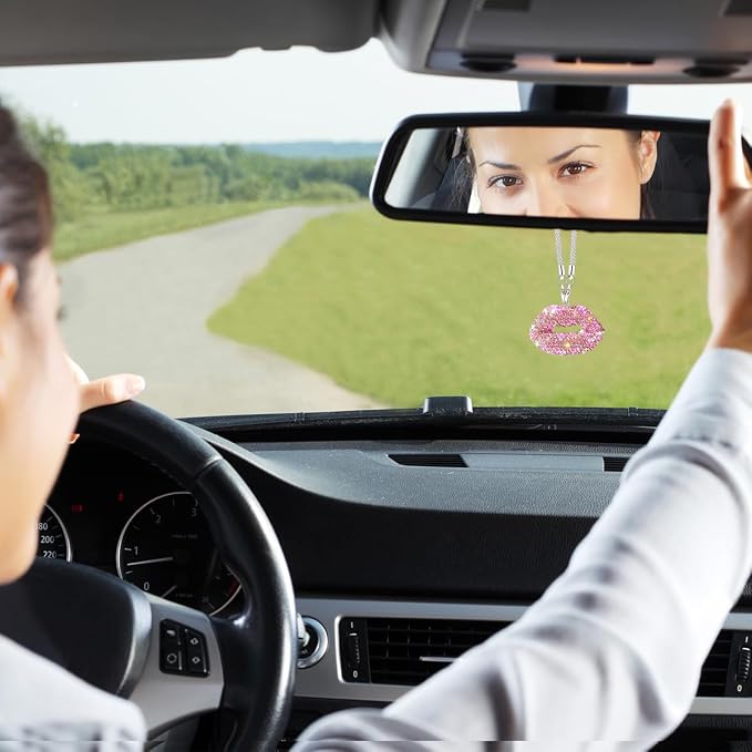 Bittwee Bling Lip Diamond Car Hanging, Crystal Rinestones Auto Rear View Mirror Charms Ornament, Lucky Vehicle Interior Pendant Decoration Accessories, Universal for SUV Sedan Truck(Pink)