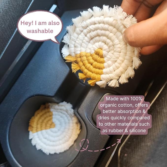 Cotton Car Coasters for Cup Holders, 2PC Car Cup Coasters, Drink Coaster Holder, Cute cupholder Coaster Accessories for Women, Macrame, Boho (Golden Glow)