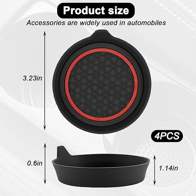 HZEL Car Cup Holder Coasters, 4PCS Non Slip Waterproof Vehicle Water Bottle Pads, Recessed Automotive Interior Drink Mat Decoration Accessories, Universal for SUV Sedan Truck (Red/Black)