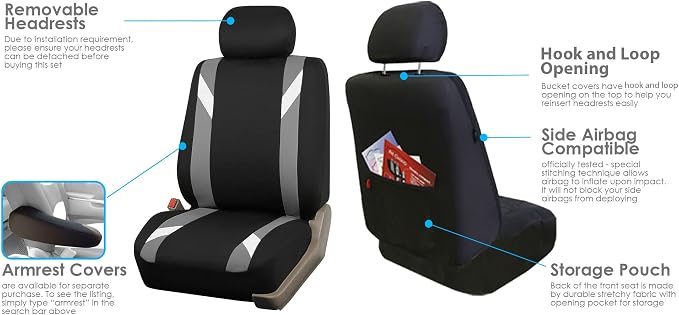 FH Group Front Set Cloth Car Seat Covers for Low Back Seats with Removable Headrest, Universal Fit, Airbag Compatible Seat Cover for SUV, Sedan, Van, Gray