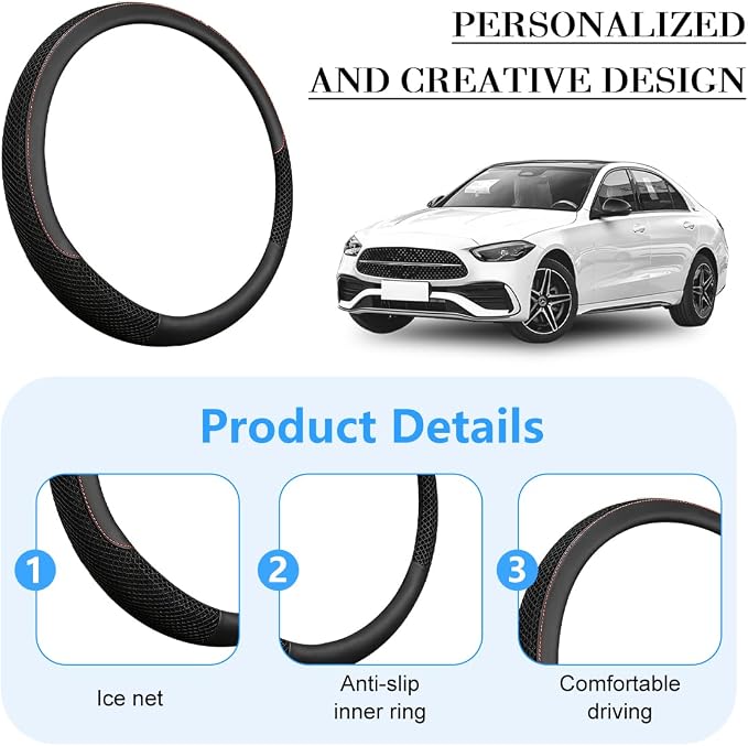 Car Steering Wheel Cover, 14.5-15" Microfiber Leather Ice Silk Breathable Non-Slip Steering Wheel Protector, Cool Auto Interior Decor Accessories, Universal for Truck SUV Van (Black)