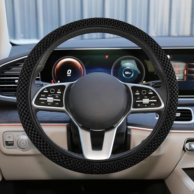 Elastic Stretch Steering Wheel Cover, for Men Women (Black) | 15" Breathable Microfiber Ice Silk Steering Wheel Protector, Universal Anti-Slip Warm in Winter&Cool in Summer Car Accessory