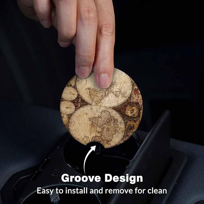 Map Nautical Car Coasters for Cup Holders Car Cup Holder Coasters 2 Pack for Car, Anti Slip Ceramic Car Cup Mat with Finger Notch Cute Car Interior Accessories for Women Men