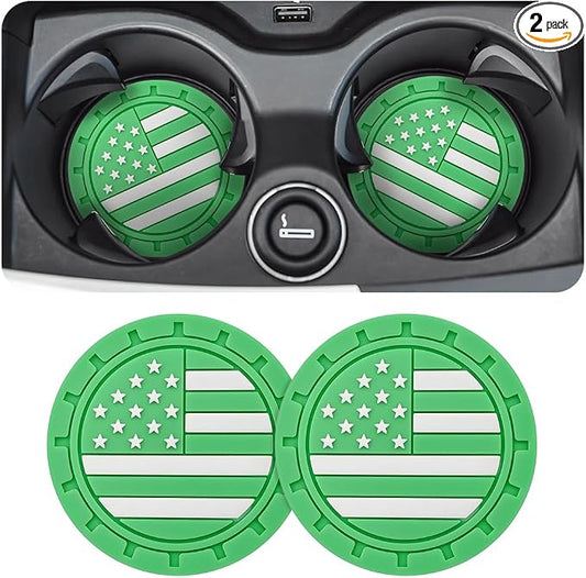 AUCELI 2 Pack Car Cup Holder Coasters, Colored American Flag US Flag Insert Car Cup Coaster, 2.75 Inch Anti Slip Shockproof Embedded Drink Mat, Vehicle Interior Decor Accessories