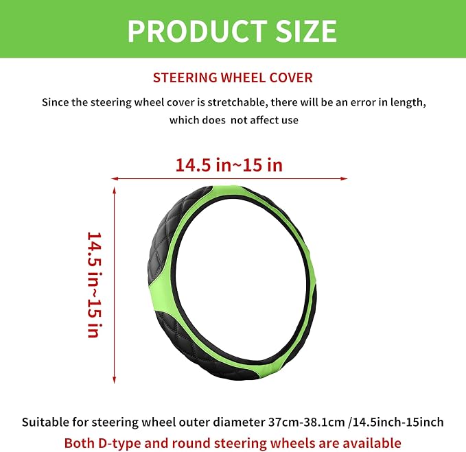 15 Inch Leather Steering Wheel Cover, Automotive Accessories Breathable Anti-Slip Elastic Soft Wheel Protector, Fit for Most SUVs Trucks and RVs (Green)