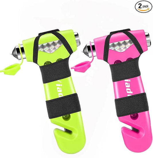 Car Safety Hammer, 2 Pack Automotive Escape Tool with Car Window Breaker and Seatbelt Cutter, Glass Breaker Car Essentials Emergency Escape Tool for Women（Pink+Green）