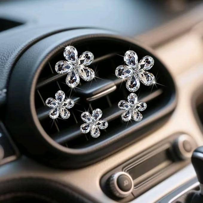Zpana Bling Daisy Flower Car Air Vent Clips, 5PCS Sparkling Crystal Rhinestone Cute Vehicle Air Conditioning Clamp, Diamond Auto Air Outlet Clip Decor for Women Girls, Universal Fit (White)