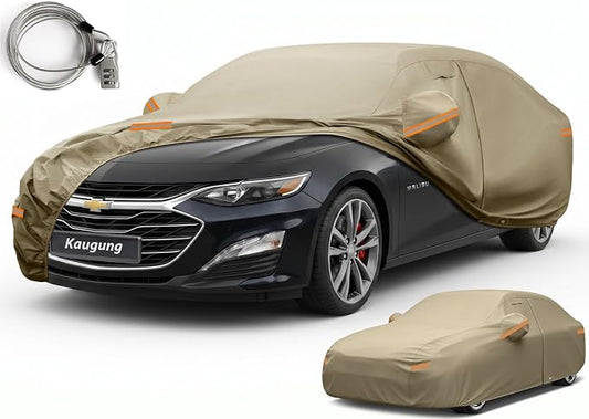 Kaugung Custom Fit Car Cover for Chevrolet Chevy Malibu (1997-2025), Heavy Duty All Weather Waterproof Outdoor Cover, Sun Rain Snow UV Protection with Driver Door Zipper, Mirror Pockets & Air Vents