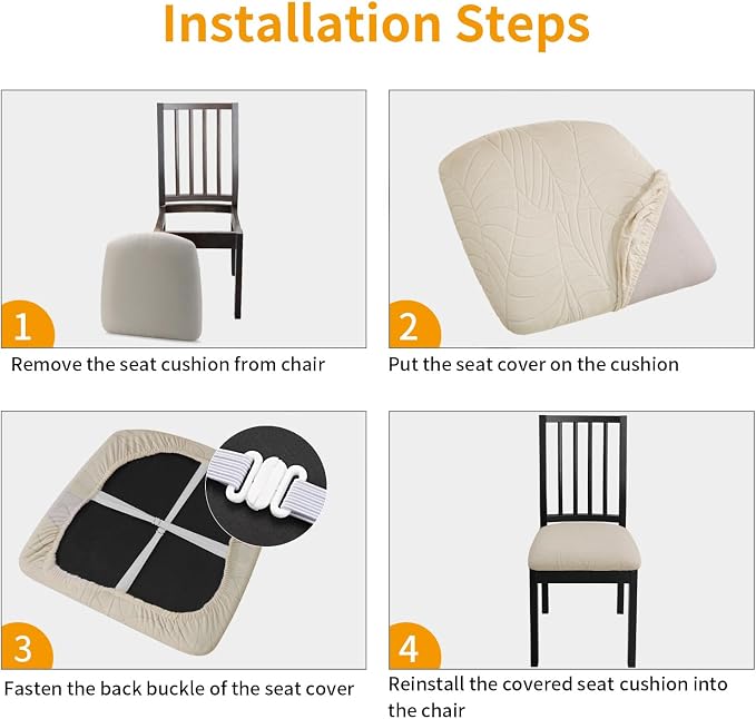 Fuloon Waterproof Chair Seat Covers 4 PCS, Stretch Cushion Covers Washable Dining Room Seat Slipcover Removable Kitchen Chair Protector (4, Cream)