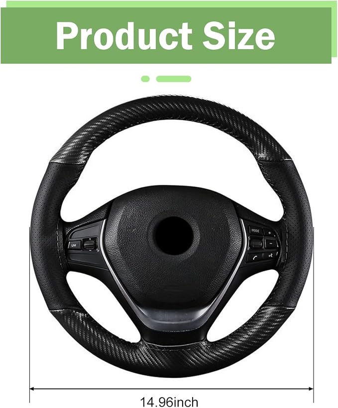Car Leather Steering Wheel Cover, Breathable Perforated Anti-Slip Wrap, Anti-Scratch Microfiber Steering Wheel Protector, DIY Stitch on Wrap for Most Cars Trucks Pickups (Black)