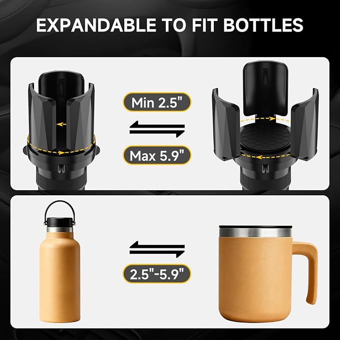 DYLEN 2Pack Cup Holder Expander with Expandable Arms, Fits 2.5-5.9" Bottles | Cup Holder Adapter Fits Owala/YETI/Hydro Flask/Stanley 12–64 oz; Most Large Bottles; Compatible with Round Cup Holders