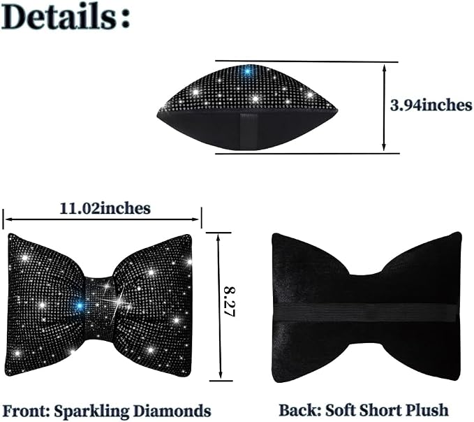 Car Headrest Pillow Bowknot Neck Support Pillow for Driver with Bow Tie Bling Diamond Head Neck Support Rhinestone Accessories for Girls and Women Black 2Pcs