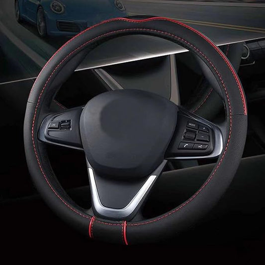 SHIAWASENA Auto Car Steering Wheel Cover, Universal 15 Inch Fit, Soft Leather, Breathable Anti Slip (Black&Red)