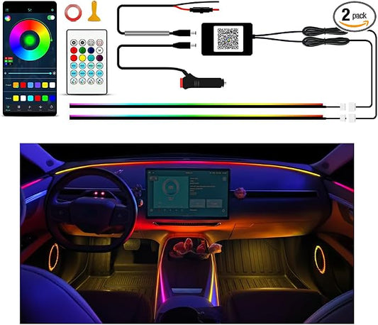 Ambient Lighting Car Led Lights Interior Kit,2PCS 43.3 inches Dream Color Acrylic Led Strips Lights for Car Interior Dashboard,DC 12V Fiber Optic Music Sync Neon Ambiance Lighting with Wireless APP