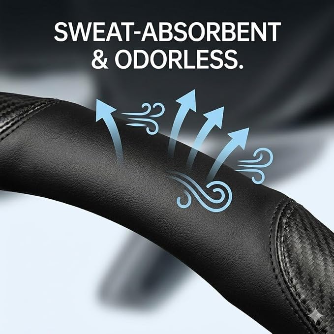 Carbon Fiber Car Steering Wheel Cover, Black Leather 14.5-15 Inch | Fine Microfiber Leather & Sporty Carbon Fiber Pattern Non-Slip Rubber Lining Fits 14.5 to 15 Inch Standard Wheels