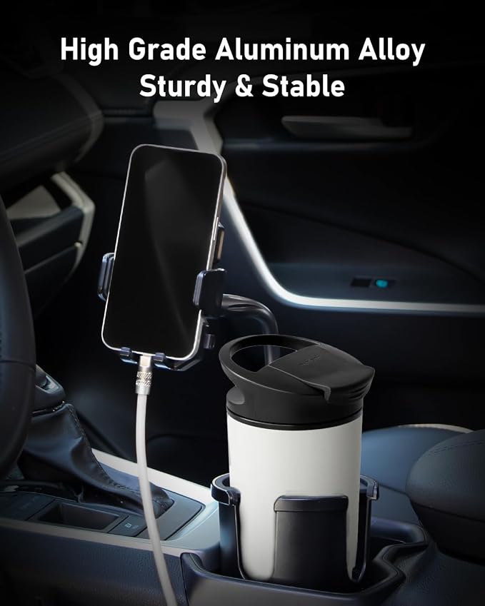 Belinous Car Cup Holder Expander with Phone Holder | 2 in 1 Car Phone Mount & Cup Holder, Adjustable 360° Rotation Gooseneck, U-shaped Handle Slot, Fits Phone and Drinking Bottle