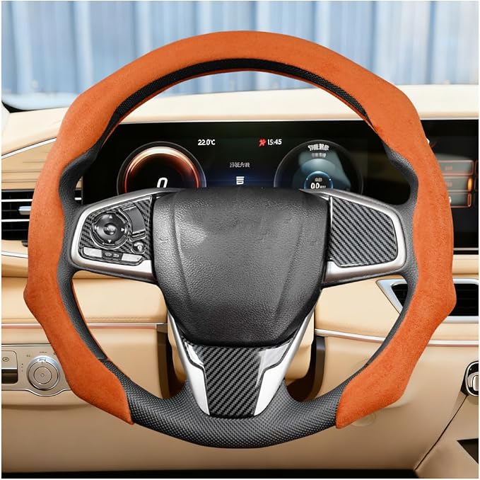 Car Steering Wheel Cover, Soft Brethable Suede Non-Slip Vehicle Steering Wheel Protector, Comfortable Sporty Auto Interior Protection Accessories, Universal for Truck SUV Van (Orange)